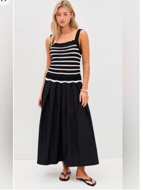 812. MADEWELL poplin crochet knit midi dress in Black/white Sz S NWT $178